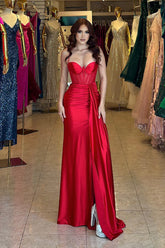Red Long Prom Evening Dress Satin Sleeveless Formal Dress - MyChicDress