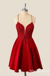 Red Short A-Line 2025 Homecoming Dress Lace Satin Appliques - MyChicDress