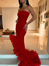 Vestidos de fiesta rojos sin tirantes, con volantes, sirena, sin mangas, vestido de noche largo