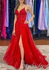 Red V Neck Lace Sequin Prom Dresses with split - MyChicDress