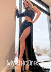 Vestidos formales negros de una sola manga con lentejuelas, vestido de fiesta largo recortado con abertura