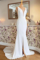 Sheath Long Silk Chiffon Beach Wedding Dresses with Draped Back - MyChicDress