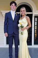 Vestido largo de satén amarillo para invitada formal, estilo sirena