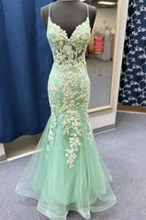 Spaghetti Straps Mermaid Lace Prom Dresses Sage Green Appliques - MyChicDress