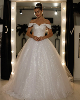 Sparkly Sequin Ball Gown Ivory Wedding Dresses Off The Shoulder - MyChicDress