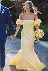 Vestido de fiesta de satén amarillo sin tirantes, estilo sirena, plisado, ropa formal
