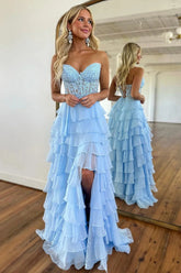 Tiered Corset Formal Dresses Sky Blue A-Line Long Prom Dress - MyChicDress