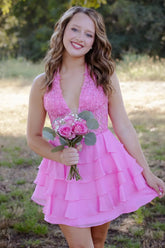 Tiered Ruffle Short Pink Homecoming Dress Lace Appliques Halter Chiffon - MyChicDress