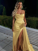 Women's Satin Wedding Guest Dress Yellow Long Formal Dress Strapless - MyChicDress