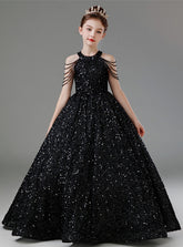A-Line Black Sequin Flower Girl Dress Halter Beading