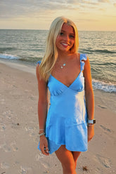 A-line Cheap Blue Homecoming Dress with Ruffle Straps Mychicdress