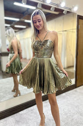 A Line Gold Metallic Homecoming Dress Short Halter With Keyhole Mychicdress