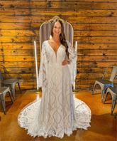 A-Line Lace Boho Wedding Dress with Sleeves Plunging V-Neck Mychicdress