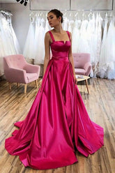 A-line Long Fuchsia Evening Dress UK Satin with Court Train