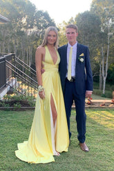 A-line Plunge Yellow Evening Dress UK Long Satin Prom Dress