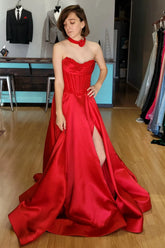 A-line Red Strapless Prom Dress UK Ruched Beaded with Slit Mychicdress