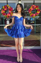 A Line Royal Blue Corset Homecoming Dress Tiered Off the Shoulder Mychicdress