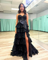 A-Line Strapless Black Tiered Prom Dress Lace Sequins Appliques