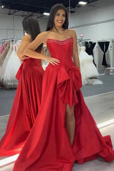 A-Line Strapless Corset Satin Red Prom Dress with Big Bow