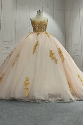 Ball Gown Champagne Gold Lace Sweet 15 Dress Srapless Tulle