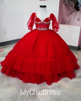 Ball Gown Tulle Girls Red Mini Quinceanera Dress with Rhinestones Mychicdress
