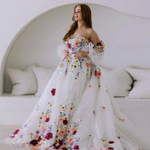 Beach Puff Sleeves Wedding Dress A-line 3D Flower Sweetheart Mychicdress