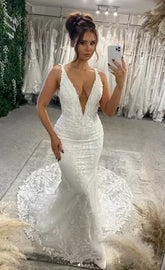 Boho Lace Bridal Gowns Deep V Neck Mermaid Wedding Dress Backless