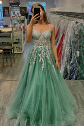 Cheap Sage Green Prom Dresses Lace A Line Tulle Formal Dress