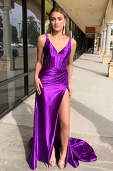 Corset Purple Formal Wear V Neck Pleated Prom Dress Tight with Slit