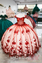 Custom Made Red 15 Dress Ball Gown Quinceanera Dress with Flowers Mychicdress