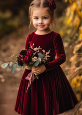 Cute Burgundy Velvet Flower Girl Dress Long Sleeves for Winter Wedding