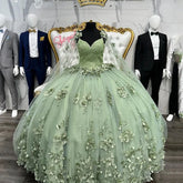 Floral Sage Green Quinceanera Dresses Lace Flowers with Cape