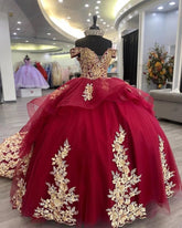 Girls Red Gold Mexican Quinceanera Dresses 3D Flower Pattern Ball Gowns Mychicdress