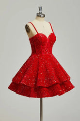 Girls Sequin Red Homecoming Dresses Corset Tiered Cocktail Dress