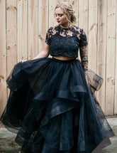 Hot Two Piece Black Wedding Dress Lace Layers Short Sleeves Mychicdress