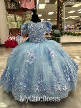Lace Appliques Blue Mini Quinceanera Dress Little Princess with Flowers Mychicdress