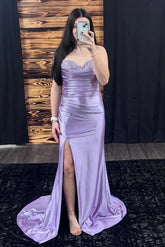 Lace Lavender Prom Dress Ruched Sweetheart Fitted Formal Dress