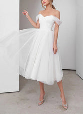 Little White Tulle Beach Wedding Short Dresses Off-The-Shoulder Mychicdress