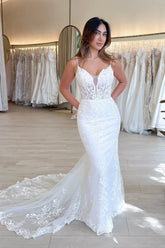 Long Corset Lace Wedding Dresses Mermaid V Neck Backless