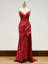 Long Lace Formal Dress Red Appliques Evening Dresses with Slit