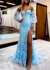 Long Mermaid Lace Flowers Blue Prom Dress with Bubble Sleeves Mychicdress