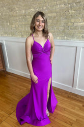Long Purple Mermaid Ruched Formal Guest Dress Spaghetti Strap Mychicdress