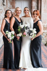 Long Satin beach Bridesmaid Dress Black Straps Sleeveless Cowl Neck