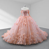 Long Sleeves Blush Quinceanera Dress Tulle Flowers Off The Shoulder Mychicdress