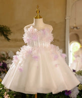 Luxury A Line White Flower Girl Dress Short Birthday Party Dress with Feathers Mychicdress