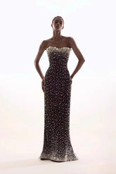 Luxury Black Prom Dress with Pearls Strapless Evening Gown Mychicdress