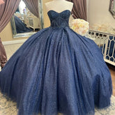 Metallic Ball Gown Navy Blue Quinceanera Dresses Strapless Beaded
