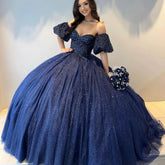 Navy Blue Sweetheart Quinceanera Dress Beaded with Puffy Sleeve
