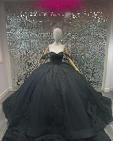 Off-Shoulder Black Quince Dress Tulle Beaded Appliques for Sweet 16 Mychicdress