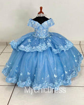 Mychicdress Fluffy Blue Mini Quince Dresses For Little Girl Lace Appliqué